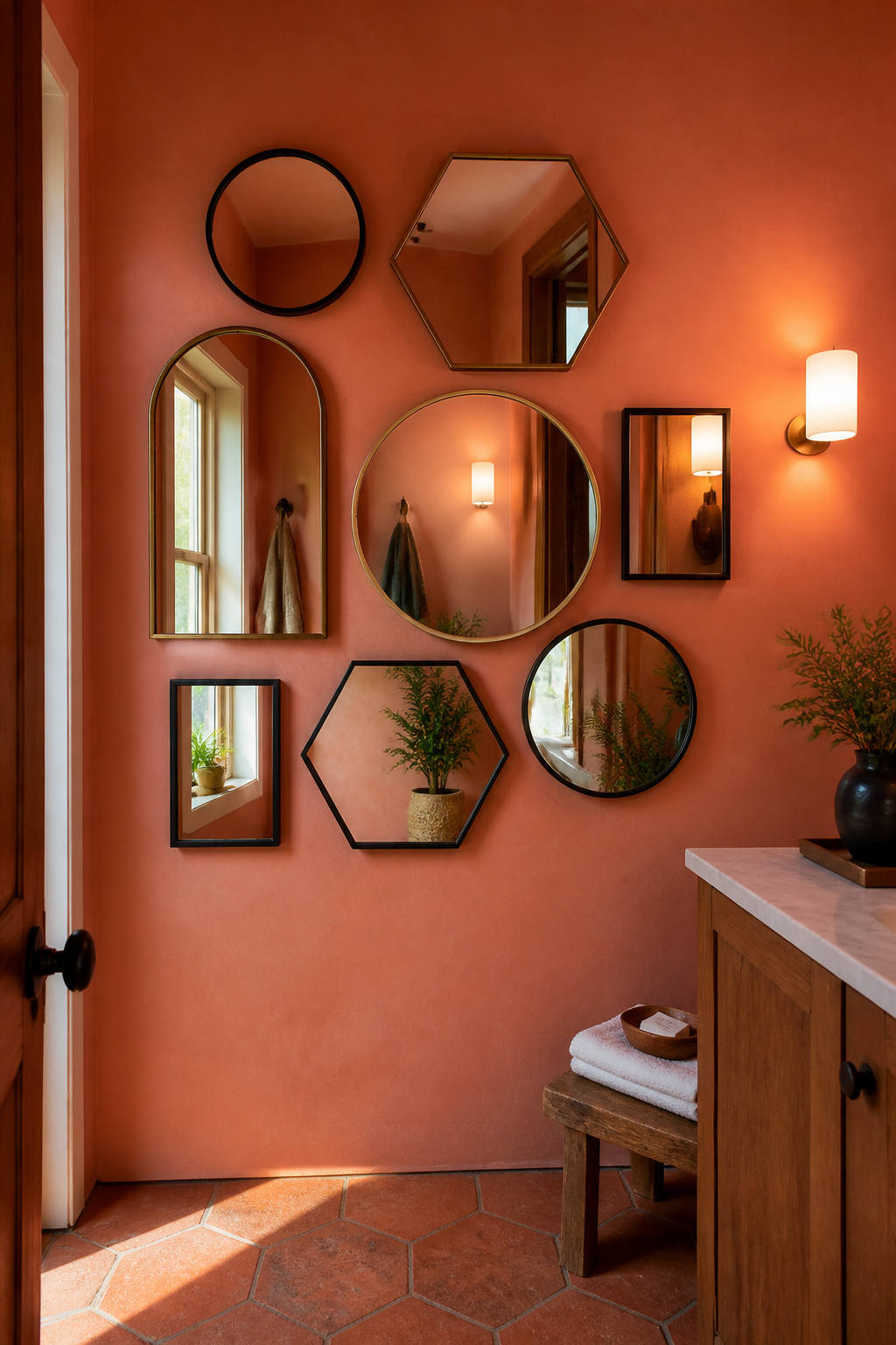Seven mirrors in mixed shapes and two frame finishes create a sculptural installation that reflects light across every corner of a small bathroom.