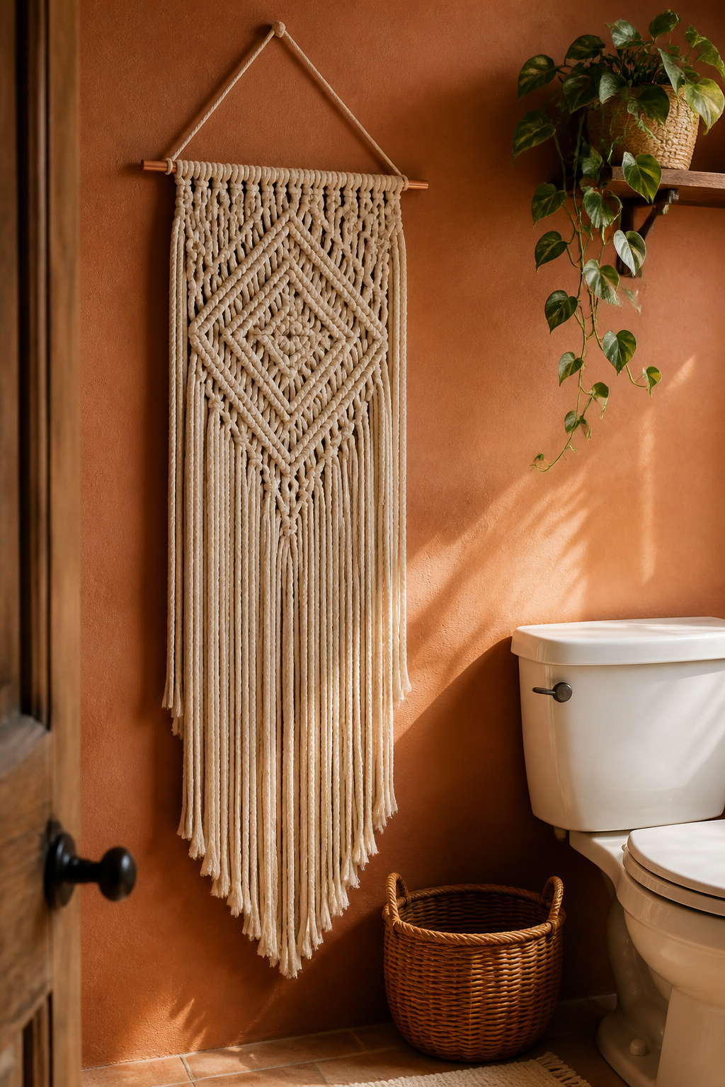 A handwoven linen macramé brings sculptural warmth to a bathroom side wall — every knot casts a shadow that shifts with the light.