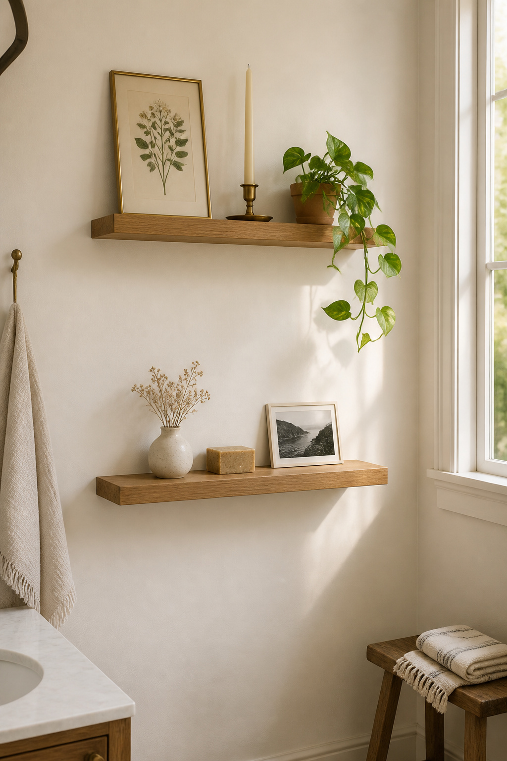 Two styled floating shelves layer small prints, botanicals, and objects into a curated gallery installation without a single hole for a frame.