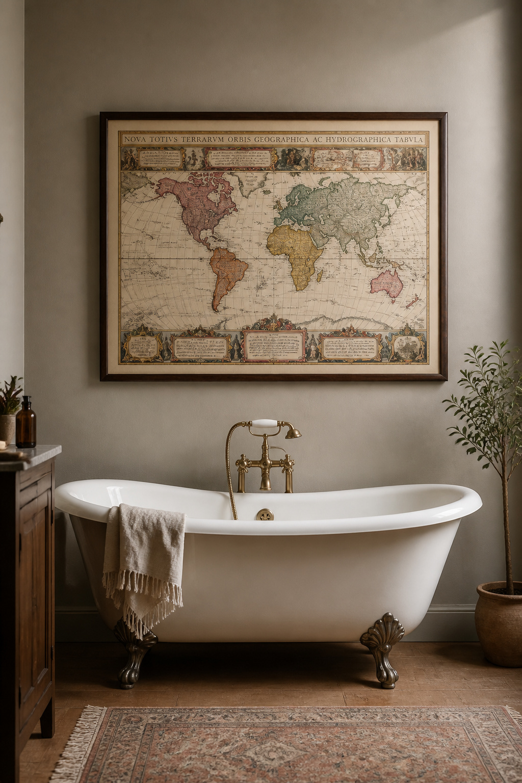 An antique world map above a freestanding bath brings a sense of exploration and history to the most private room in the house.