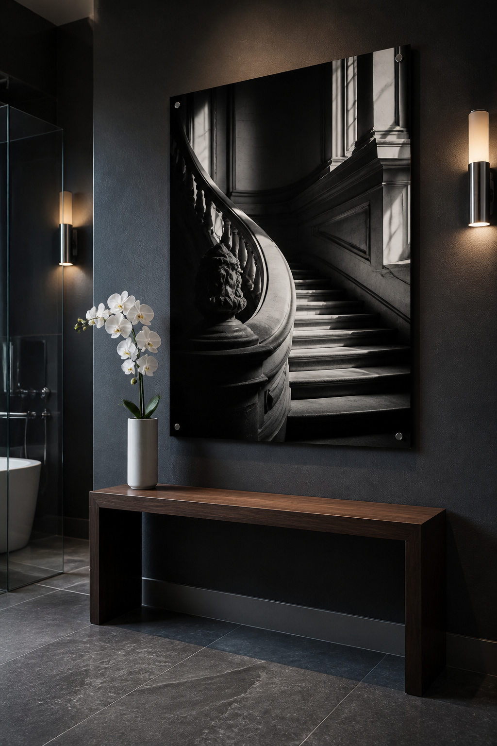A large acrylic face-mount architectural photograph adds depth and dramatic presence to a dark-toned bathroom wall.