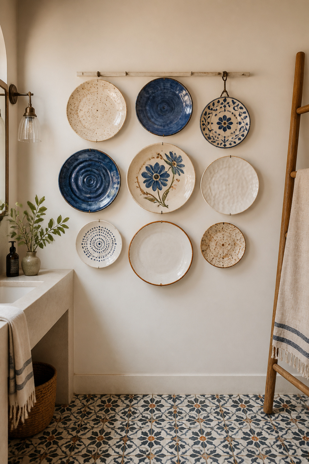 A cluster of nine handmade ceramic plates in varying glazes turns a bathroom wall into a three-dimensional installation that changes with the light.
