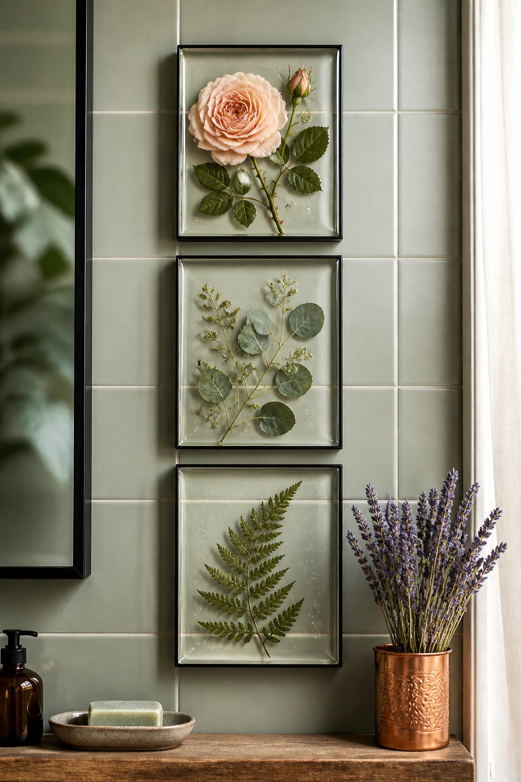 Three resin-cast botanical panels bring the delicate beauty of pressed flowers to the bathroom wall without any humidity risk.