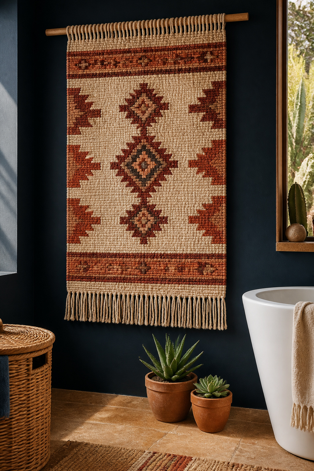A handwoven Andean tapestry on a wooden dowel brings acoustic softness, visual warmth, and centuries of craft heritage to a deep navy bathroom wall.