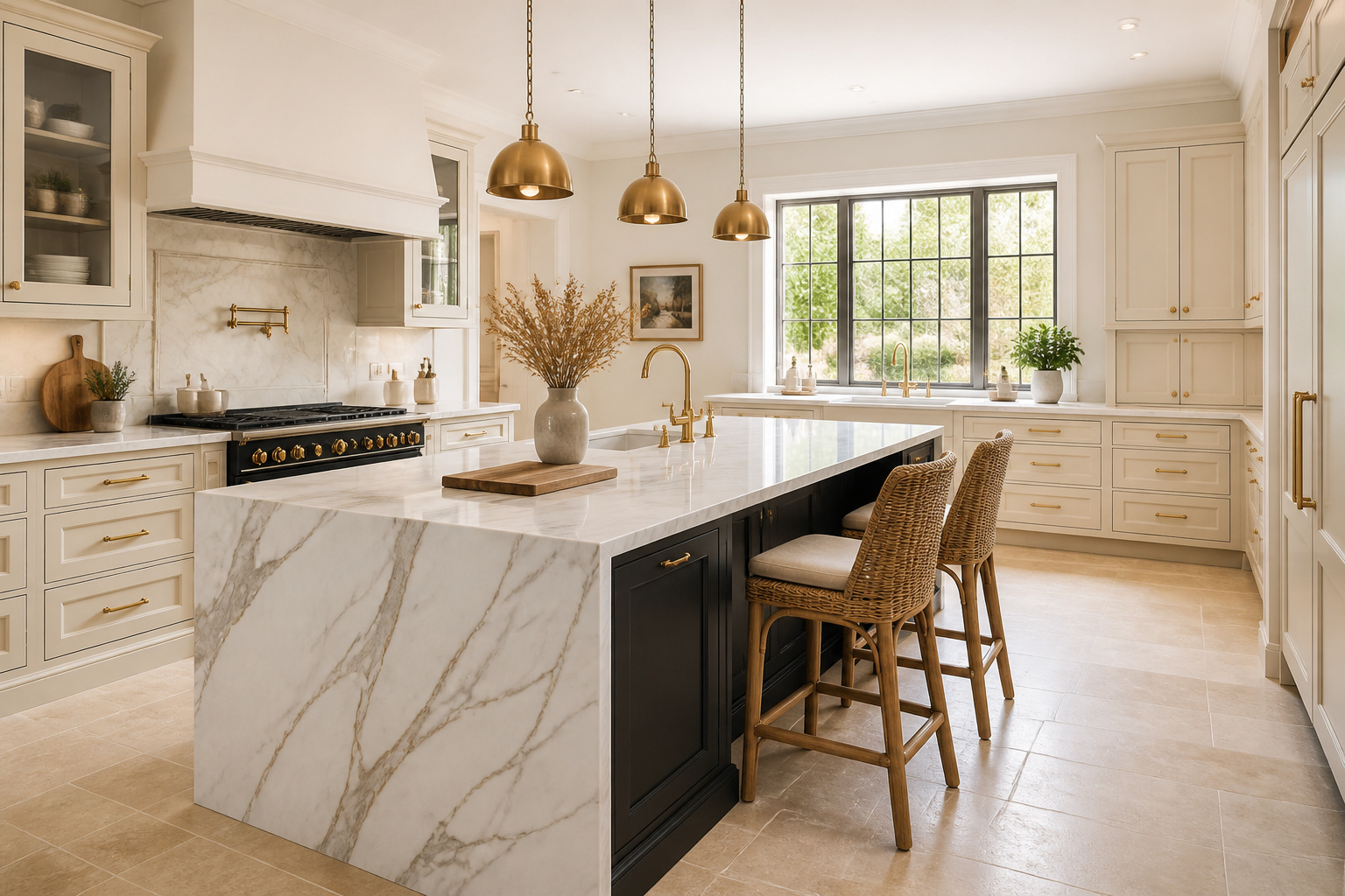 A complete view of a sophisticated black kitchen island kitchen — brass hardware, marble waterfall counter, brass pendants, and the confidence of deliberate contrast.