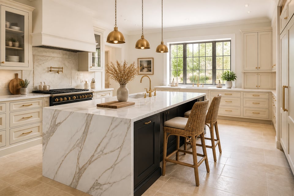 A complete view of a sophisticated black kitchen island kitchen — brass hardware, marble waterfall counter, brass pendants, and the confidence of deliberate contrast.