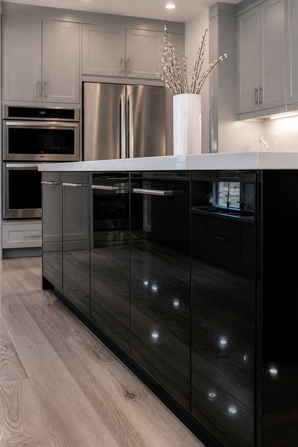 A high-gloss lacquered black island reflects its surroundings — a dark mirror in the heart of the kitchen.