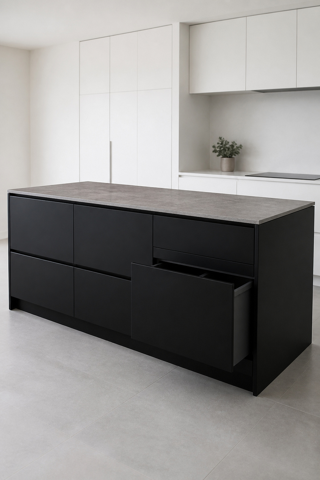A handleless black island — no hardware interrupts the surface, and the island reads as a pure architectural form.