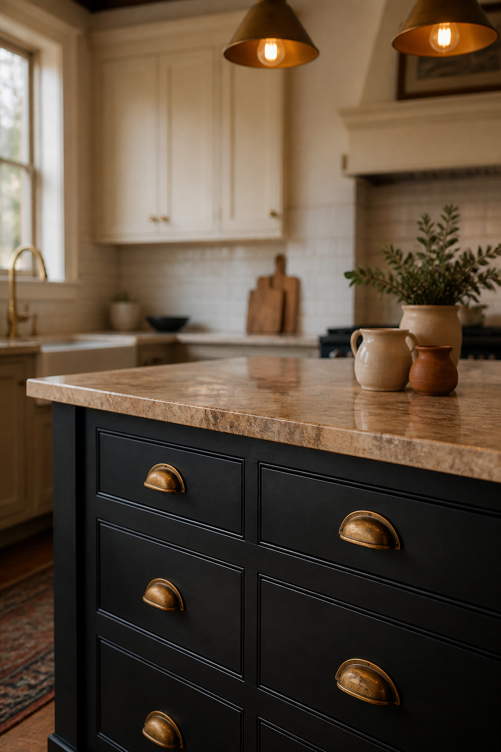 A matte black kitchen island with unlacquered brass cup pulls and a warm quartzite counter — the combination that moves from trend to classic.