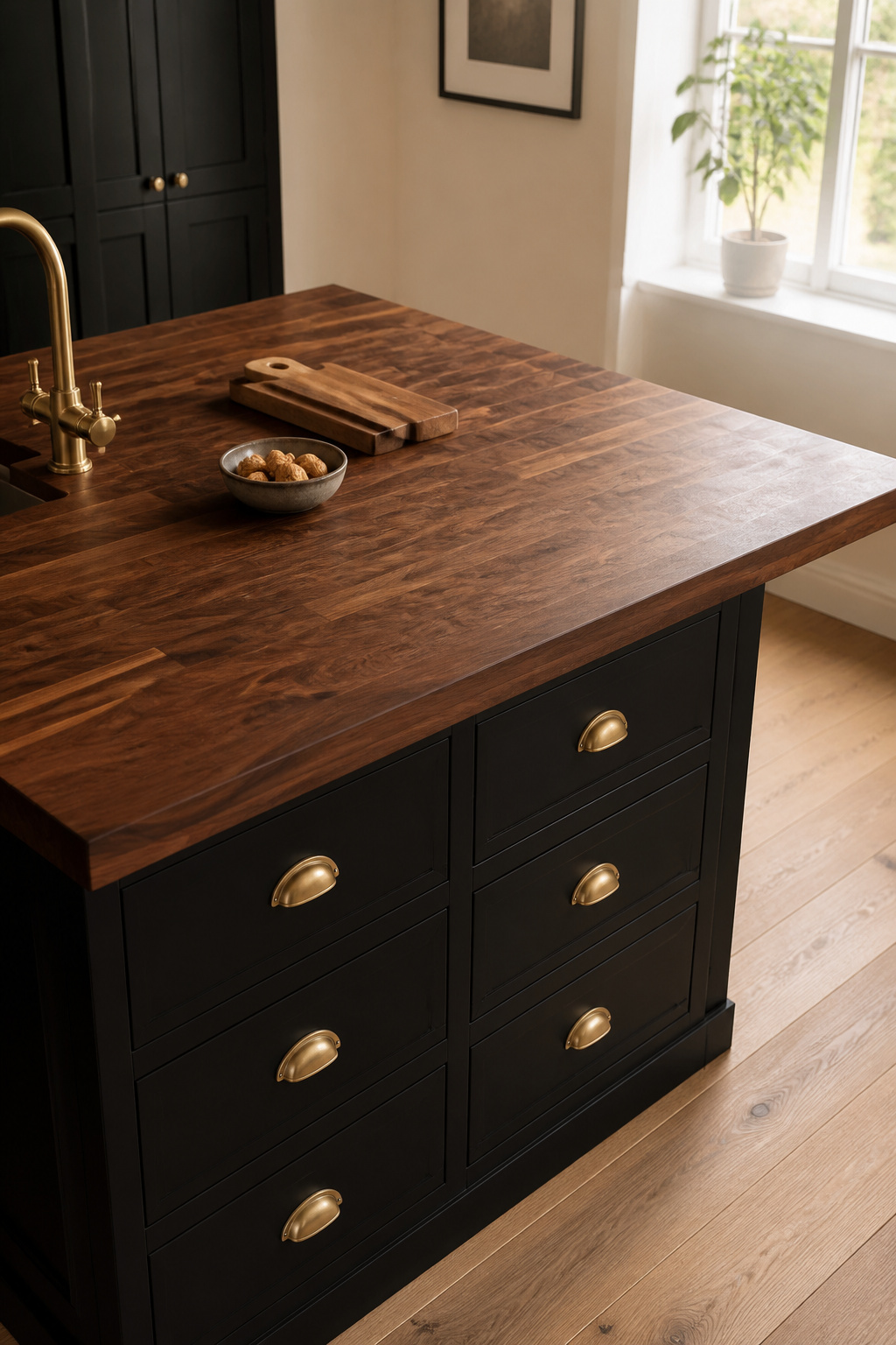 Black lower cabinets paired with a black walnut butcher block countertop — a centuries-old combination that still works perfectly.