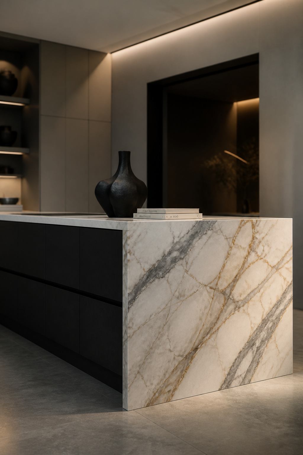 A Calacatta marble waterfall edge on a painted black island base — the stone cascades like a geological reveal.