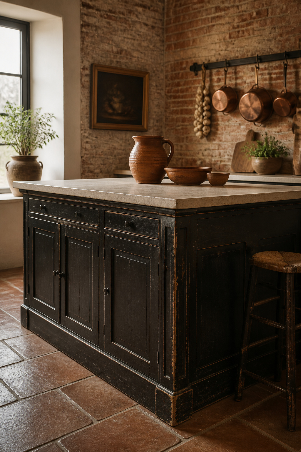 An aged black island in a kitchen of exposed brick and terracotta — the finish participates in the room's language of patina and time.