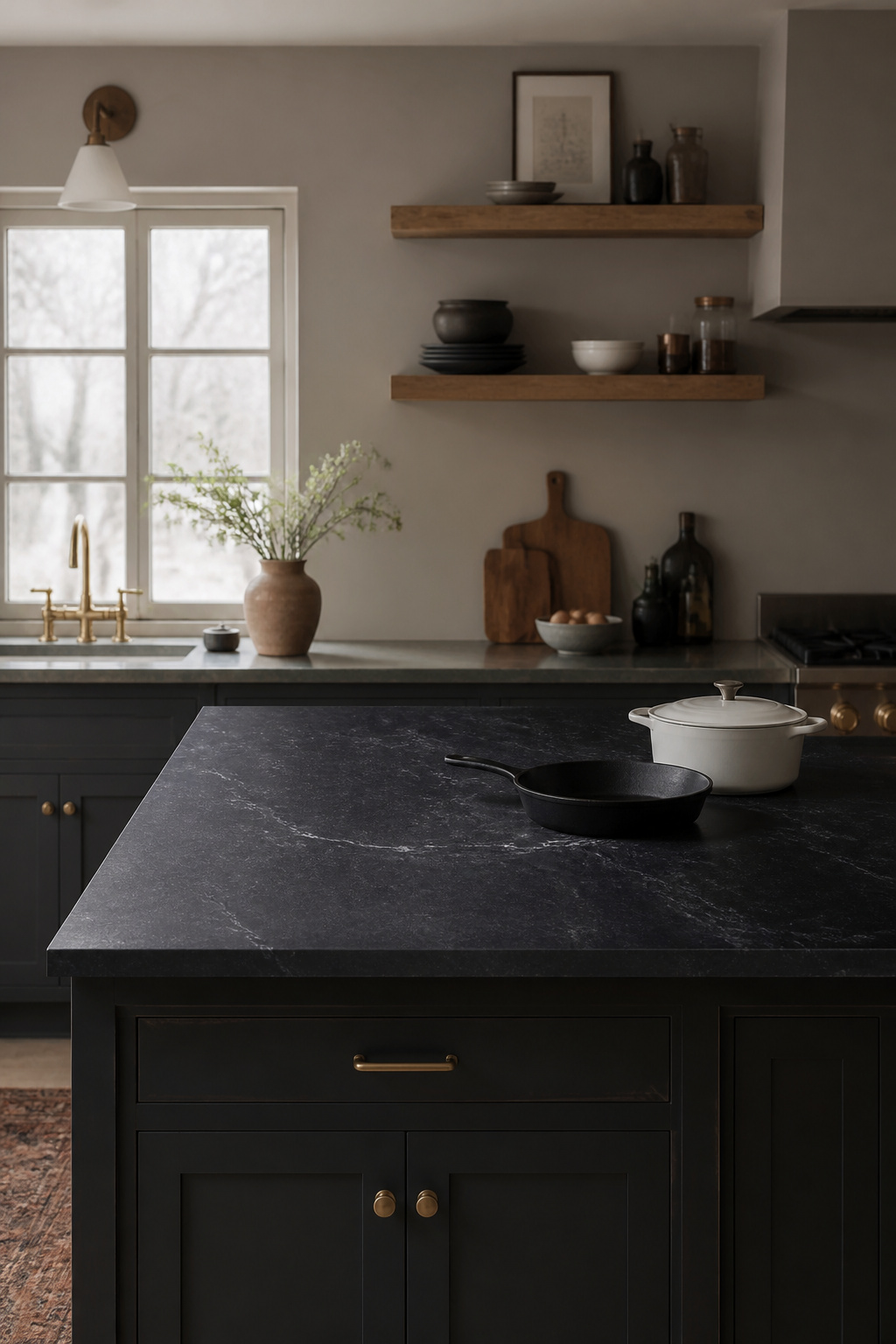 A deeply oiled soapstone countertop on a dark island base — the countertop and cabinet occupy the same tonal world, differentiated only by the veining.