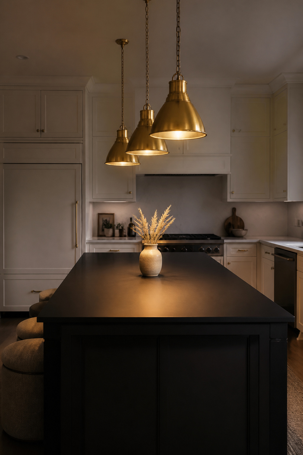 Three unlacquered brass pendants in a cluster above a black island — the warm glow plays off the dark surface below.