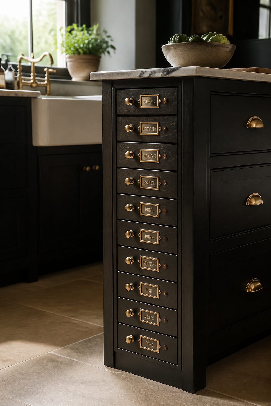A Shaker-style black island with a bank of apothecary drawers — Victorian storage logic translated into a modern kitchen.