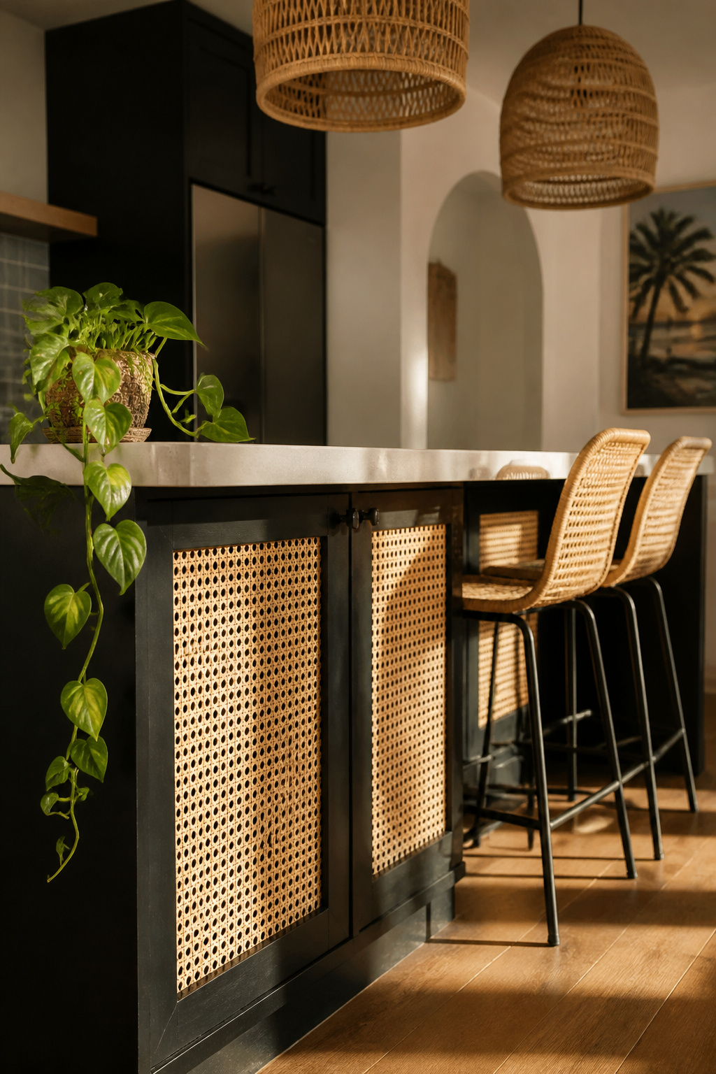 Cane-insert cabinet fronts and rattan bar stools on a matte black island — organic texture against graphic dark ground.