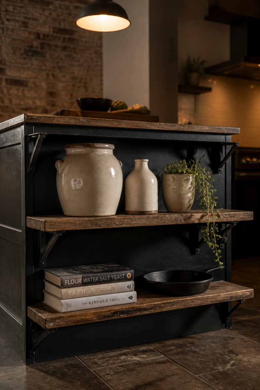 Reclaimed aged oak shelving on black iron brackets softens the severity of a painted black island in an industrial kitchen.