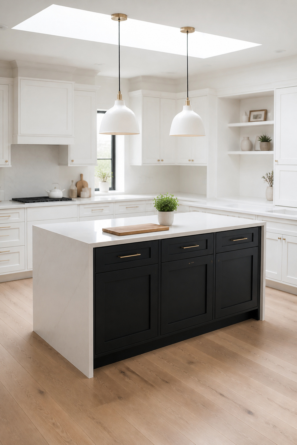 The black kitchen island in a white kitchen setting — the contrast is the statement, and scale is everything.