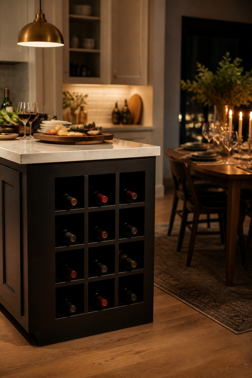 A black kitchen island with open wine cubbies on the dining-side face — a cellar aesthetic in the heart of the kitchen.