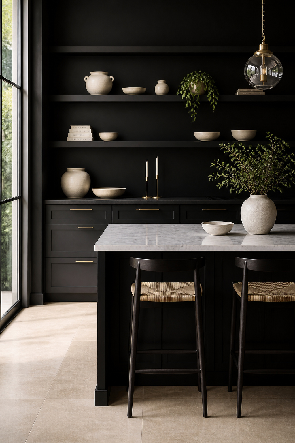 Bespoke black island with colour-matched open display cabinetry above — pale objects against a dark backdrop create an almost gallery-like effect.