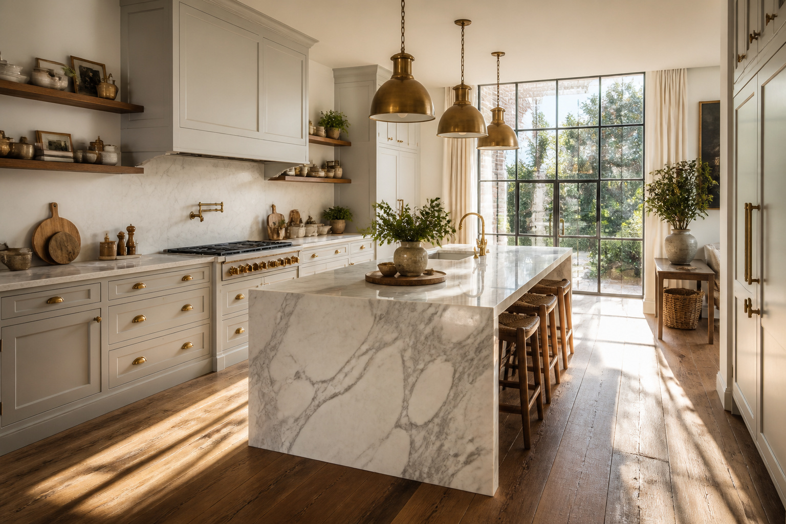 A beautifully proportioned kitchen with pale dove gray Shaker cabinets, Calacatta marble waterfall island, and brushed brass hardware — the quintessential sophisticated gray kitchen.