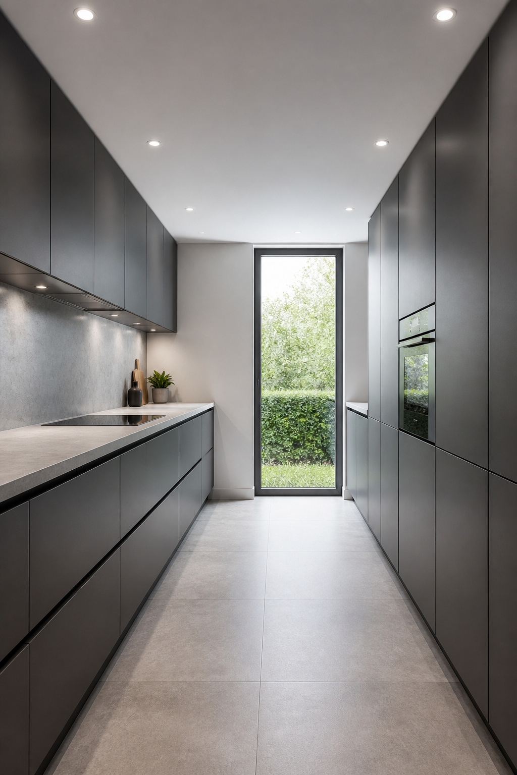 Slate gray handleless cabinets in a matte lacquer finish — the complete absence of applied ornament gives this kitchen a resolved, architectural quality.