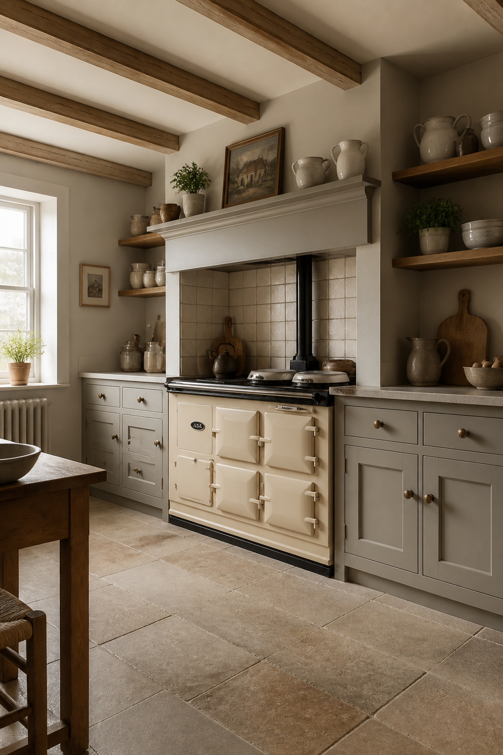 Warm pebble gray cabinets in an English country kitchen with an AGA centrepiece — a palette that feels as though it was lifted directly from the Dorset coast.