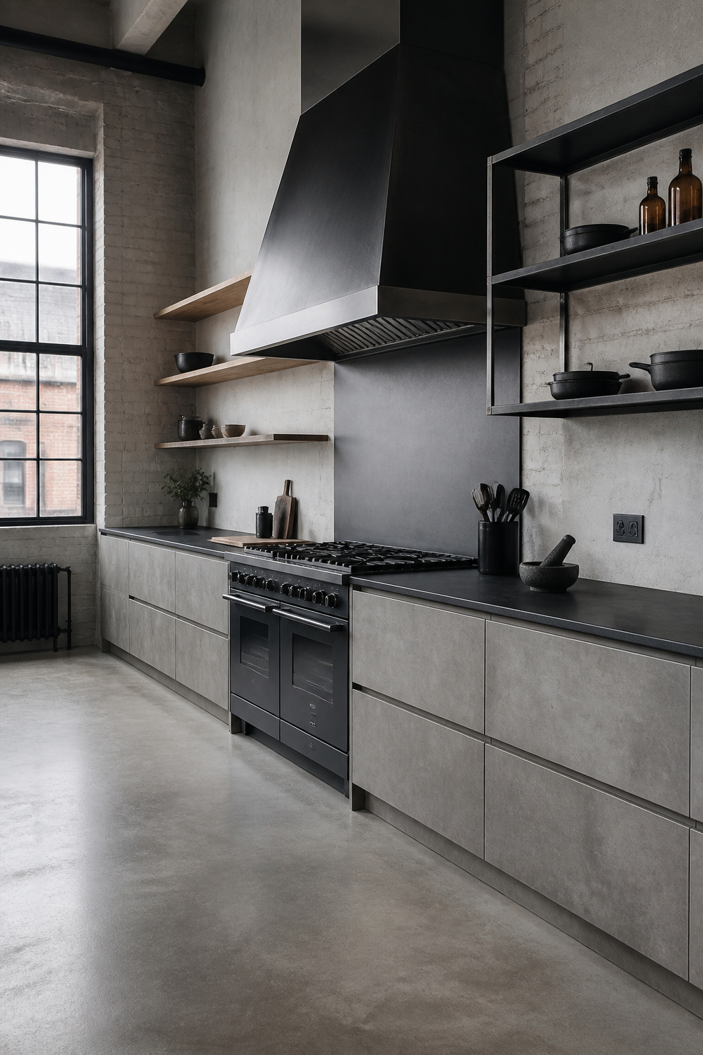 Concrete-effect laminate kitchen cabinets with a commercial steel extractor — the raw material quality of a converted warehouse, without the structural complications.