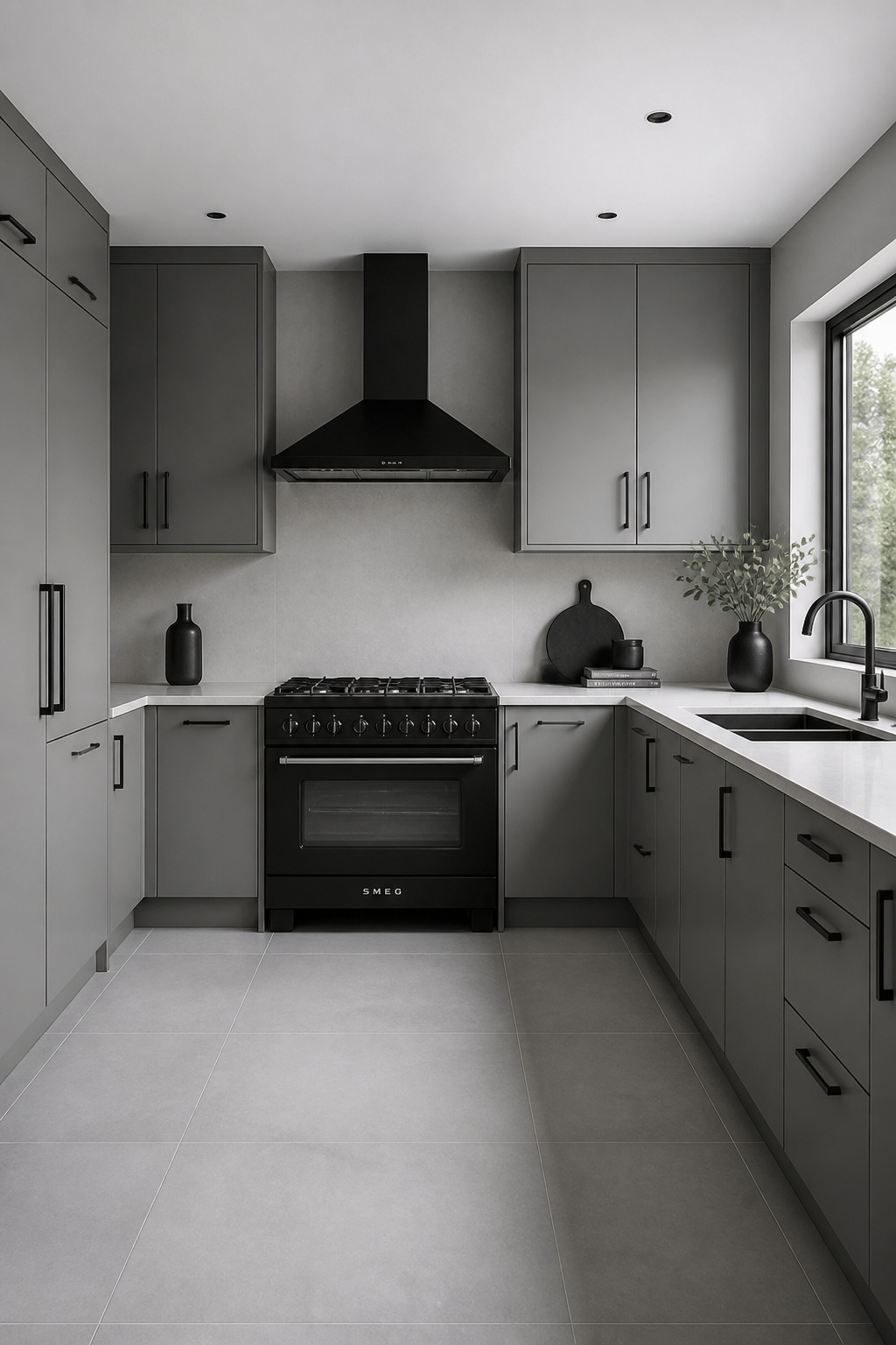 Gray kitchen cabinetry with matte black fixtures throughout — the hardware sharpens the cabinet colour into something graphic and resolved.