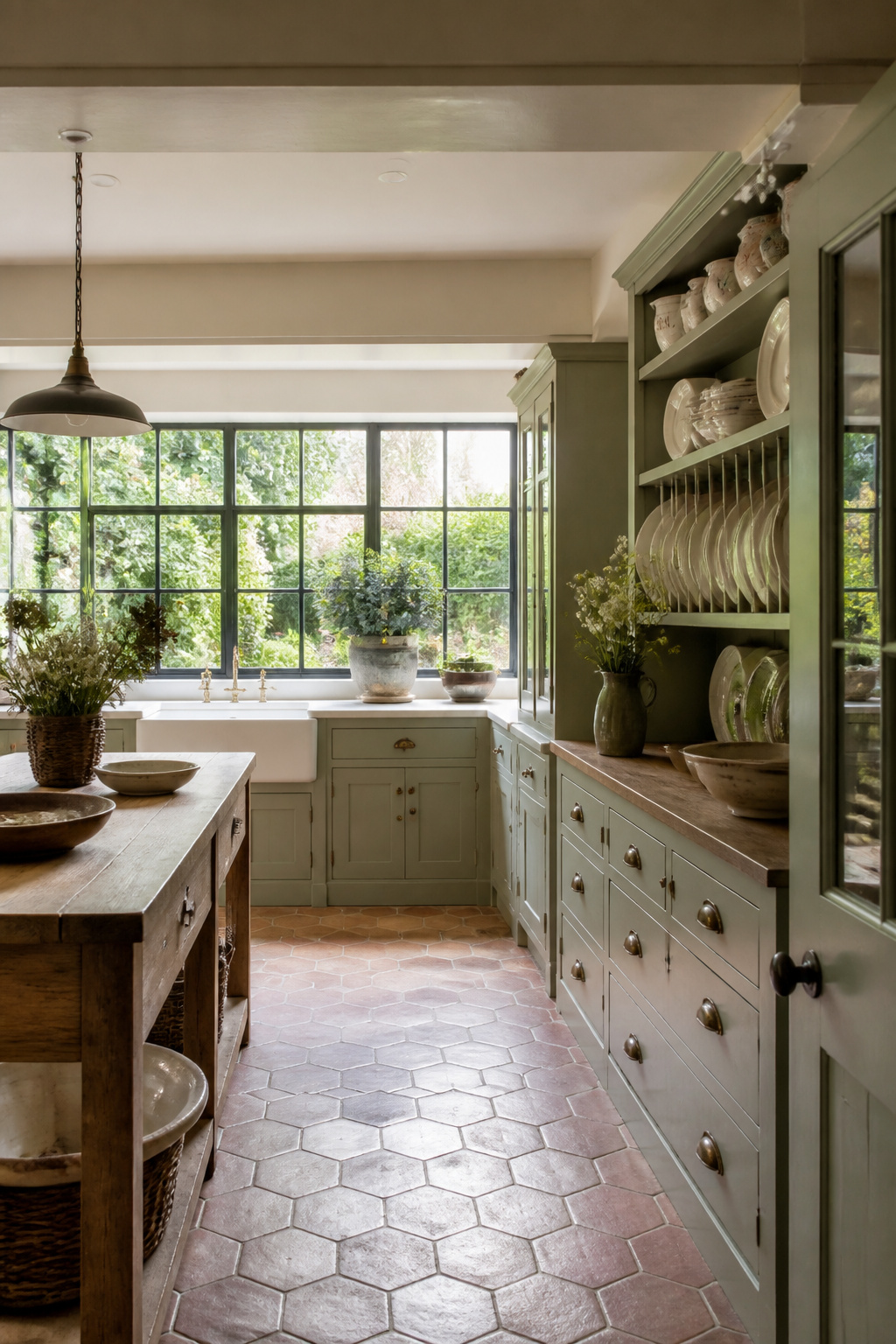 Sage-tinted gray Shaker cabinets in a cottage kitchen — the colour shifts between mossy green and composed gray depending on the light, connecting the kitchen to the landscape outside.