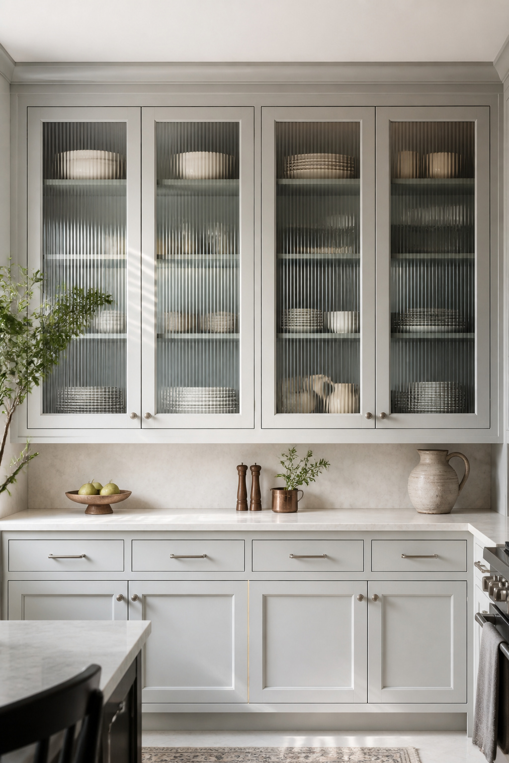 Pale gray cabinets with reeded glass fronts — the textured glass blurs the contents into shape and colour, making the storage itself a design feature.