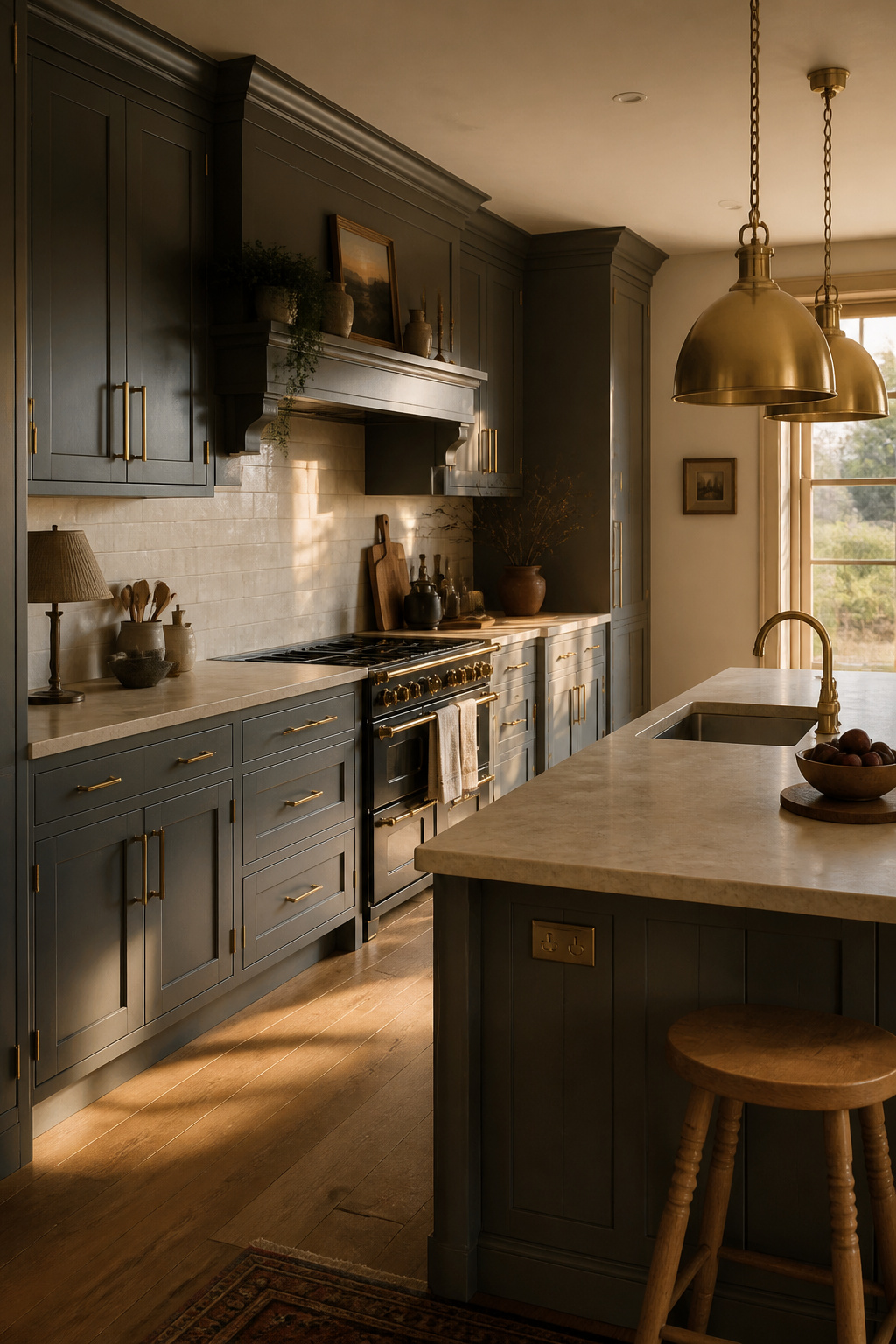 Aged pewter gray kitchen cabinets with brushed gold hardware — the two surfaces share a depth and craft quality that makes the kitchen feel genuinely collected.