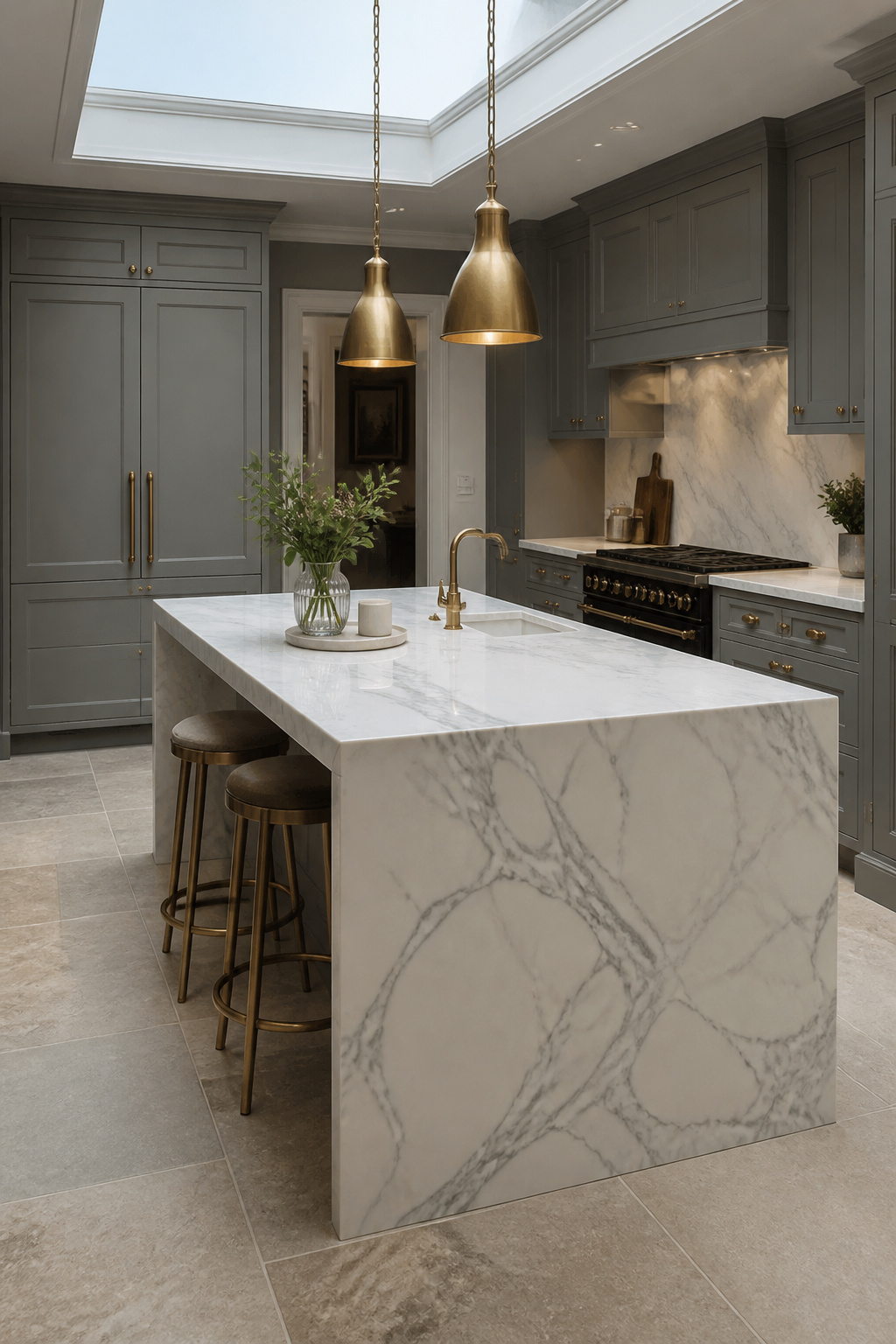 Mid-gray kitchen cabinets with a Calacatta marble waterfall island — the veining in the stone directly echoes the cabinet colour, creating a palette that feels instinctively unified.