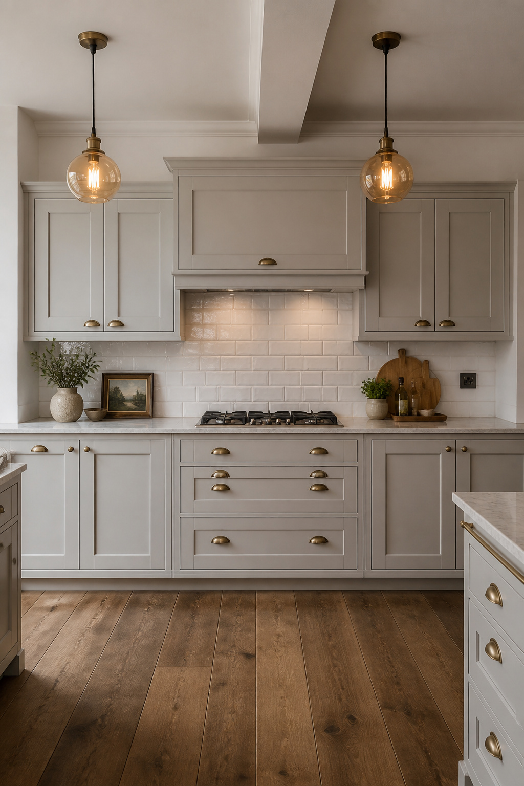 Dove gray Shaker cabinets with brushed brass cup pulls and Carrara marble worktops — a combination that reads as both heritage and modern.