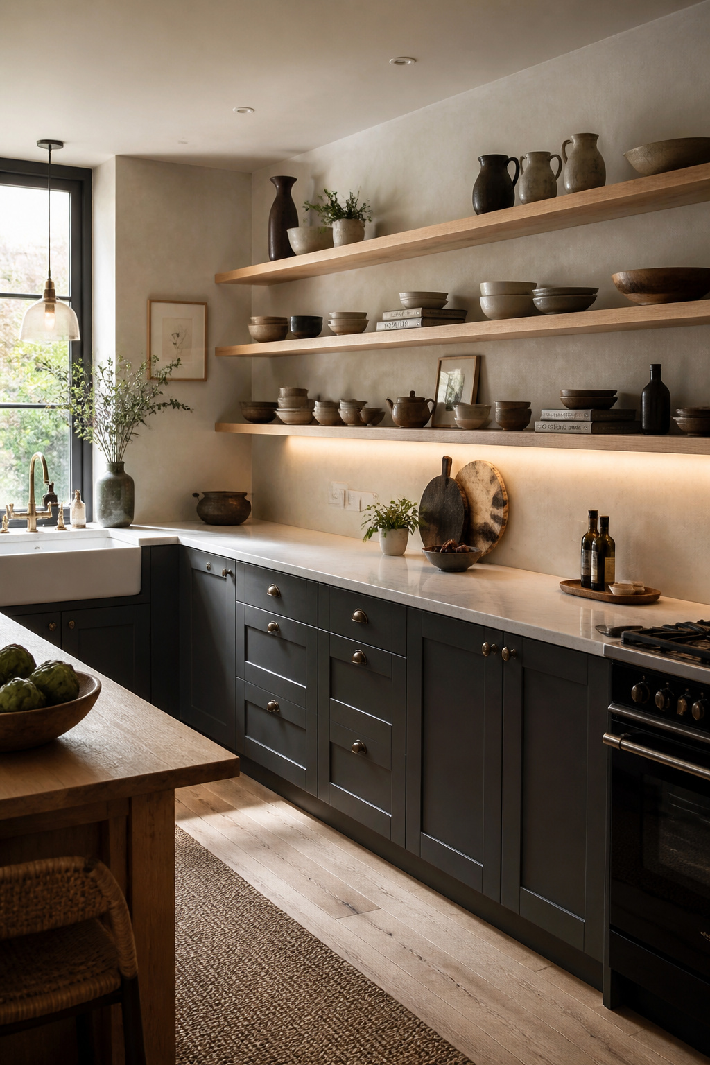 Charcoal gray base cabinets with white oak open shelving above — the warm wood breaks the coolness of the dark cabinet colour without competing with it.