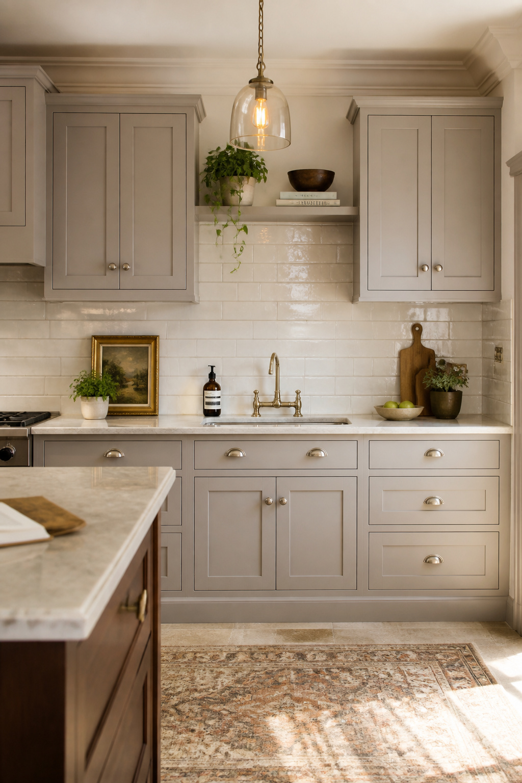 Greige kitchen cabinets with white handmade subway tile — a warm-neutral palette that feels timeless and thoroughly livable.