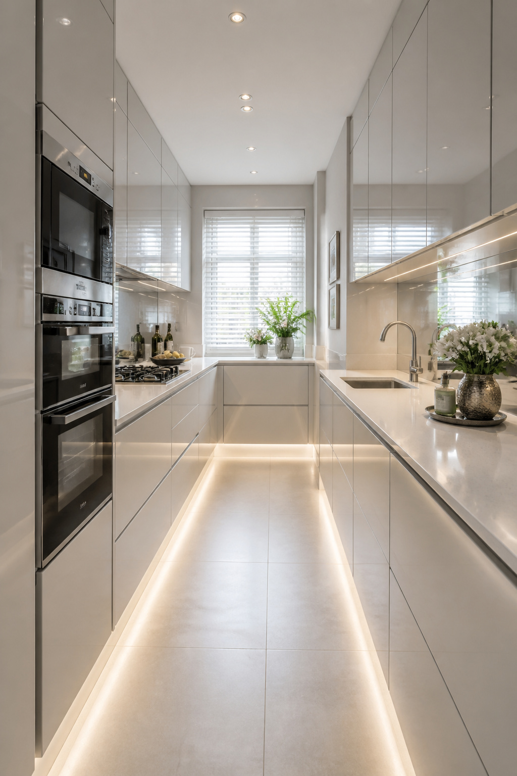 Pale gray kitchen cabinets in a compact galley — the matching wall colour and mirrored splashback dissolve the room's boundaries and make it feel twice its size.