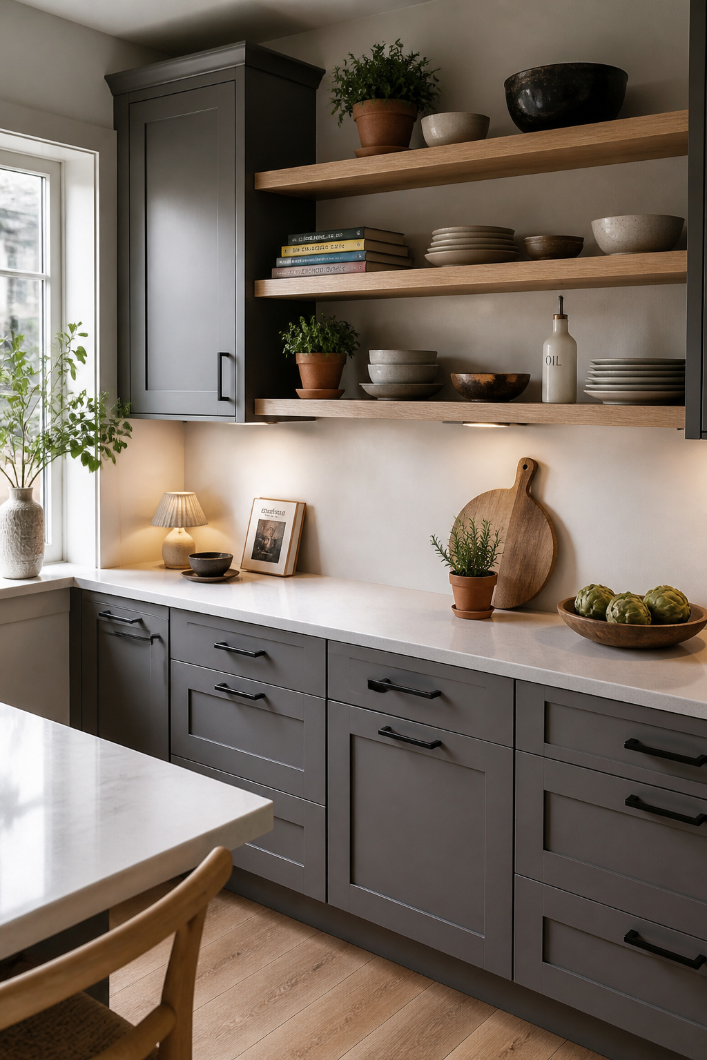 Gray kitchen cabinets with white oak floating shelves replacing one run of uppers — the warm wood grain changes the room's entire emotional register.