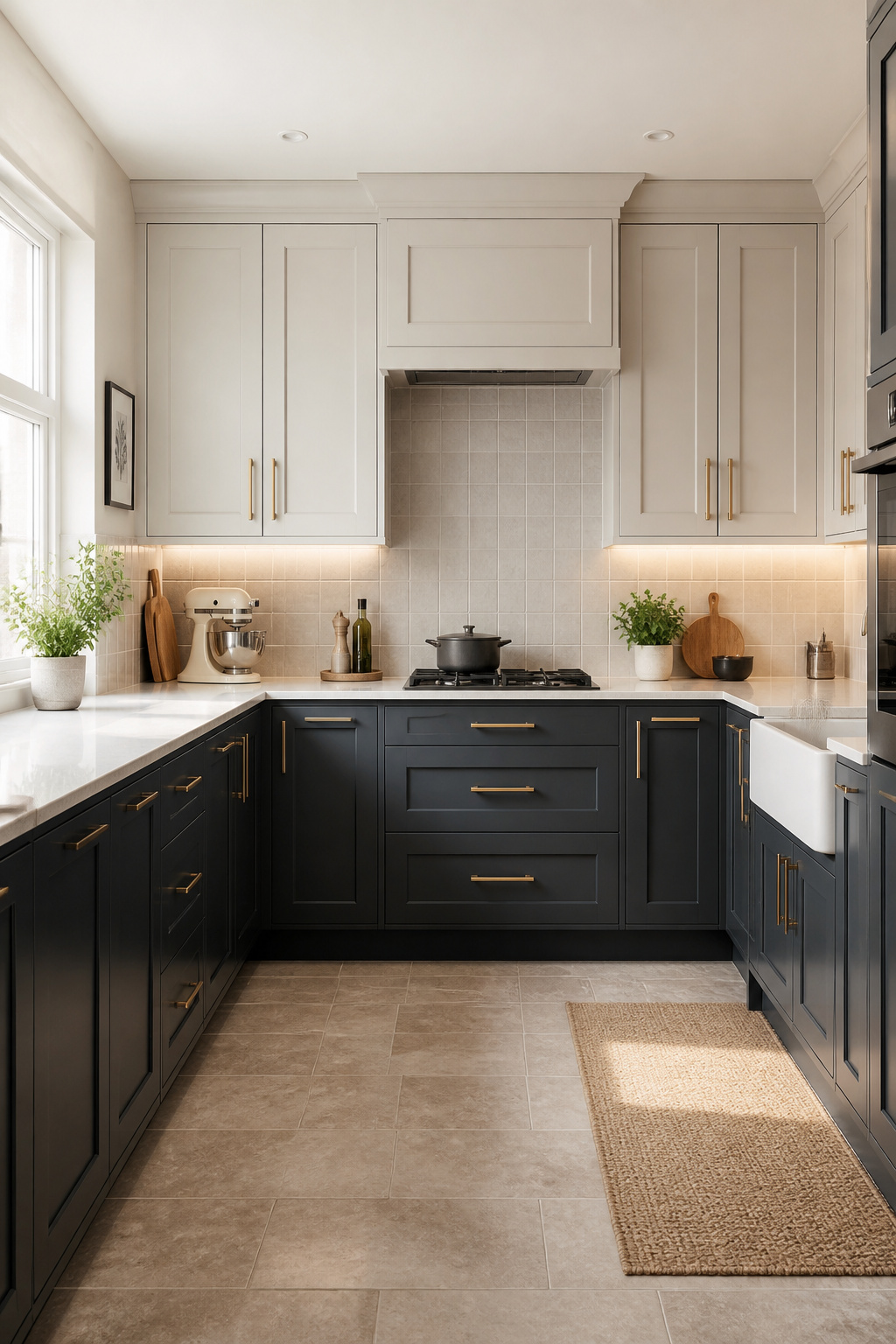 A two-tone gray kitchen with pale uppers and charcoal lowers — the colour split grounds the room while keeping the upper half airy and light-filled.