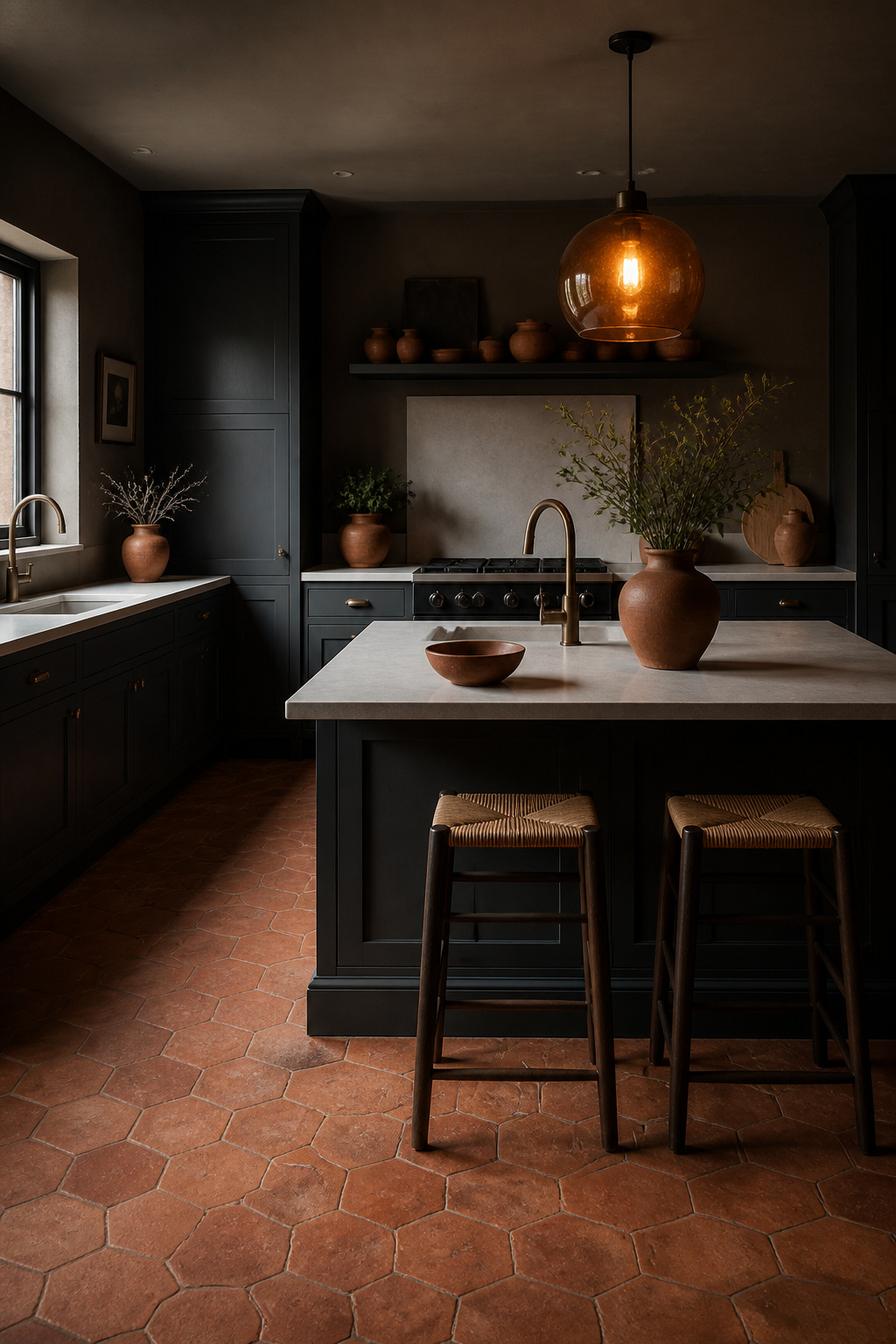 Stormy gray kitchen cabinets with terracotta tile flooring and ceramic accents — the deep cool gray and warm terracotta create an instinctively right complementary pairing.