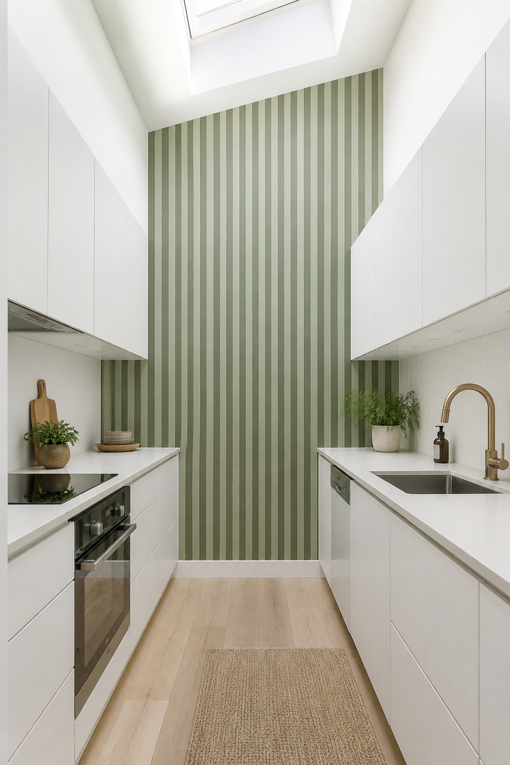 Narrow vertical stripes in tonal sage green use optical illusion to make a low-ceilinged galley kitchen feel significantly taller.