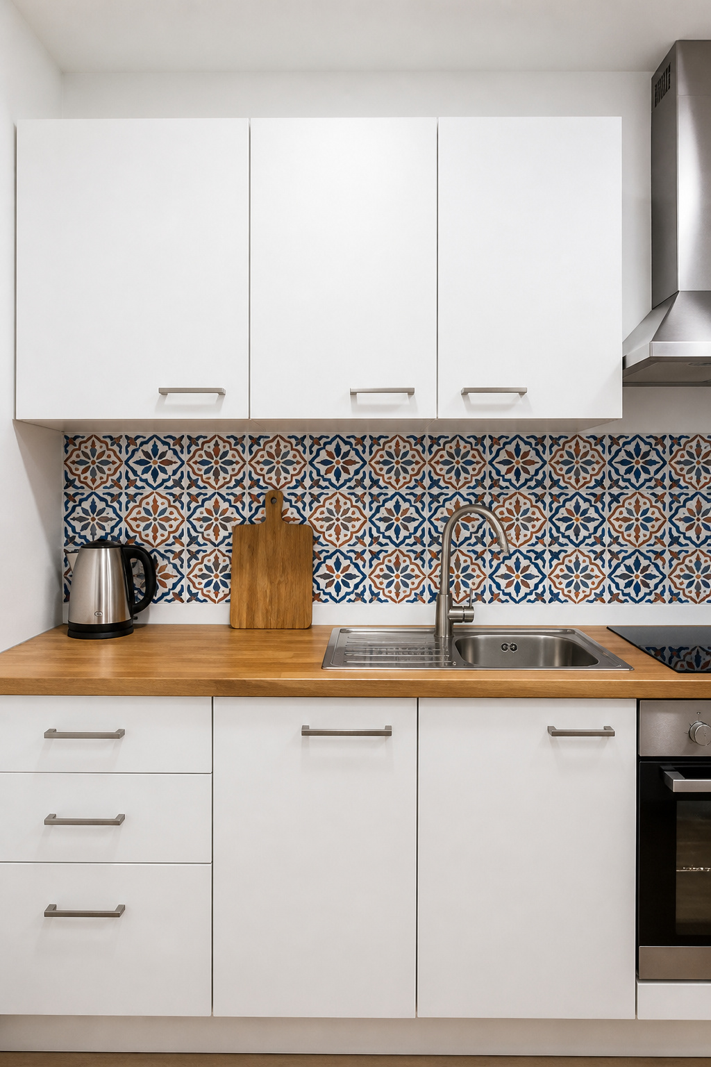 A single removable peel-and-stick backsplash strip transforms a blank rental kitchen wall without a single permanent change.