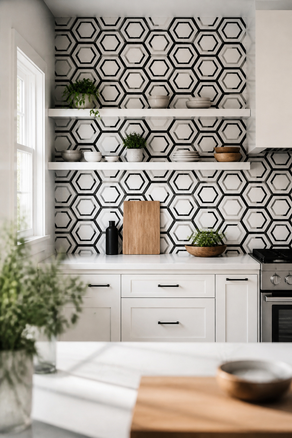 Peel-and-stick hexagonal geometric wallpaper creates a bold, modern focal point behind open shelving without any permanent installation.