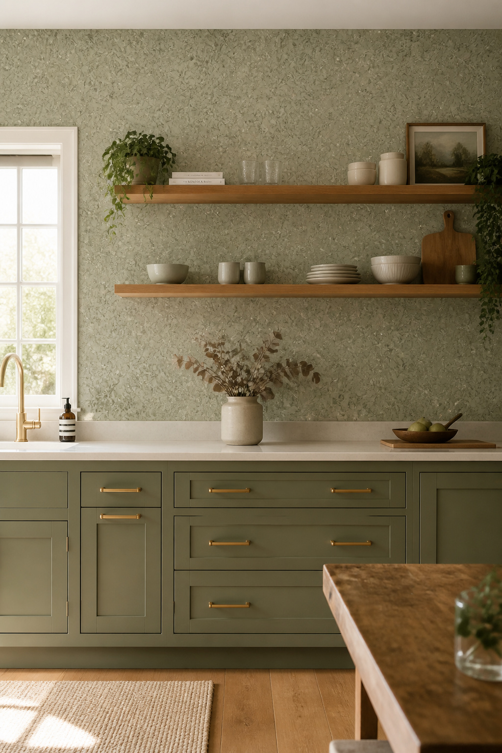 Sage green botanical wallpaper behind kitchen cabinetry creates a seamless tonal harmony with sage cabinet fronts and brass hardware.