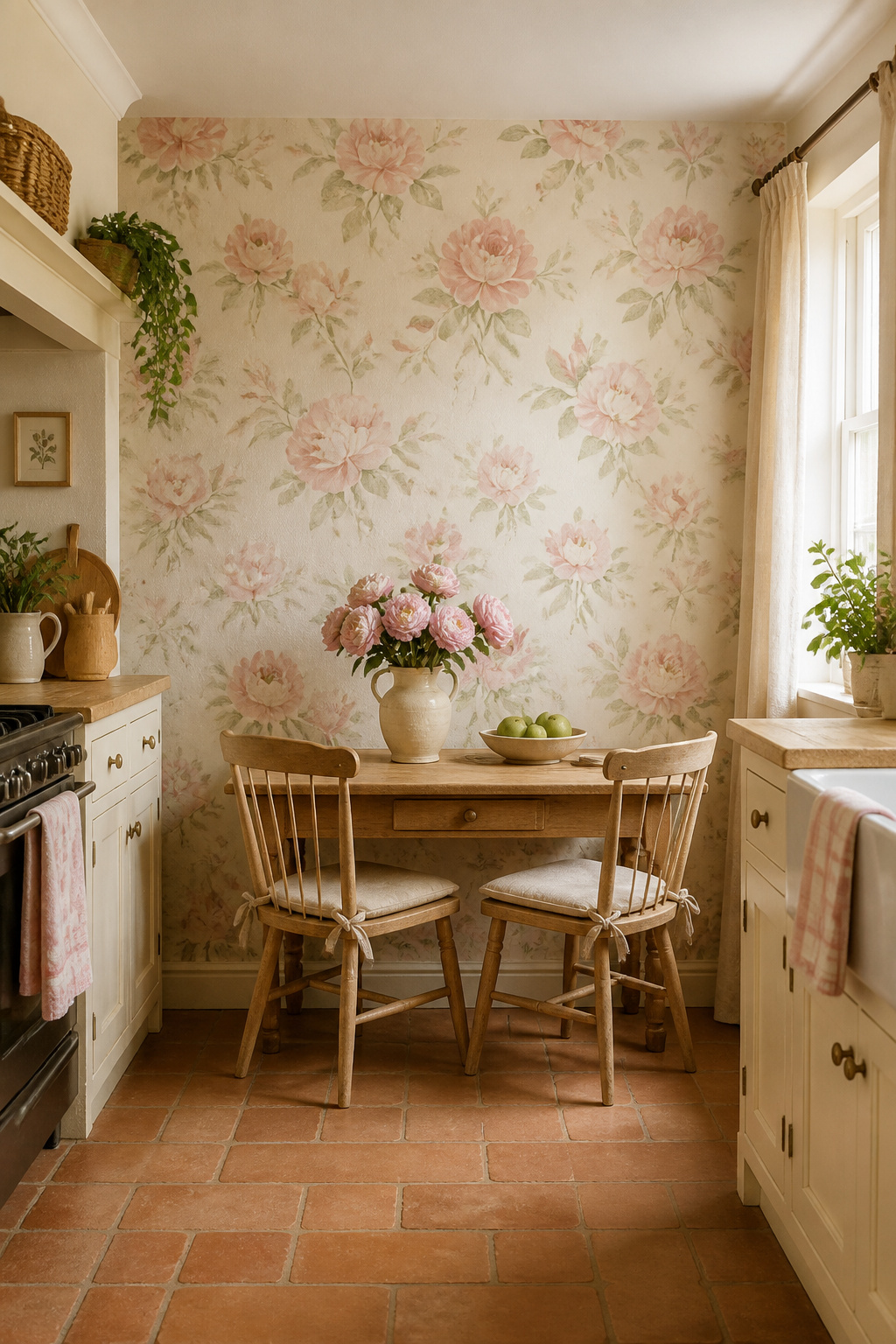 Watercolor floral wallpaper in muted tones softens a cottage kitchen's hard surfaces and creates instant warmth.