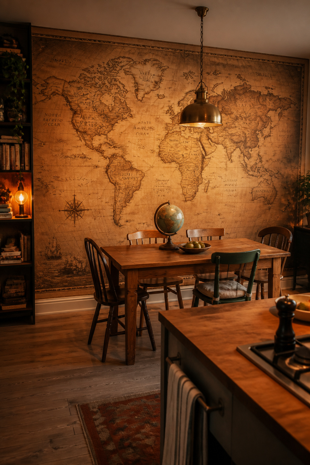 A vintage sepia world map wallpaper behind the dining table turns a kitchen-diner into a conversation piece that spans every dinner.