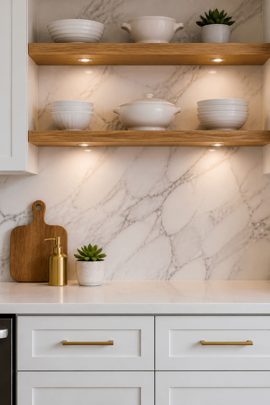 Marble-effect peel-and-stick wallpaper installed behind floating shelves creates a high-end backsplash impression at under $150 in materials.