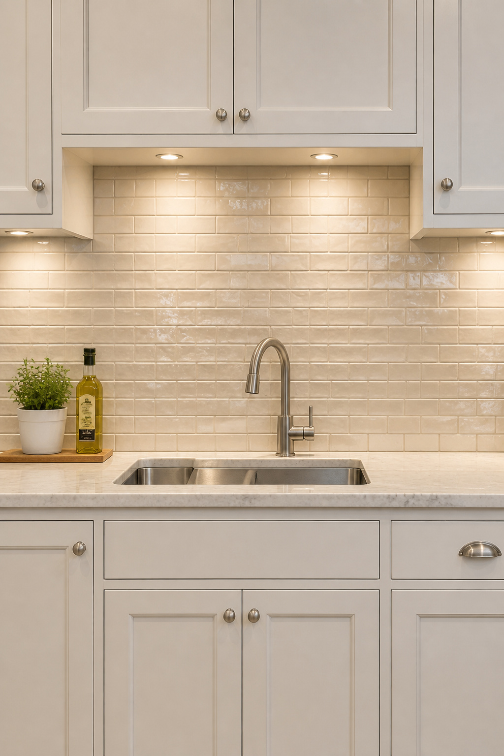 A scrubbable faux subway-tile wallpaper delivers the backsplash look at a fraction of the tile installation cost.