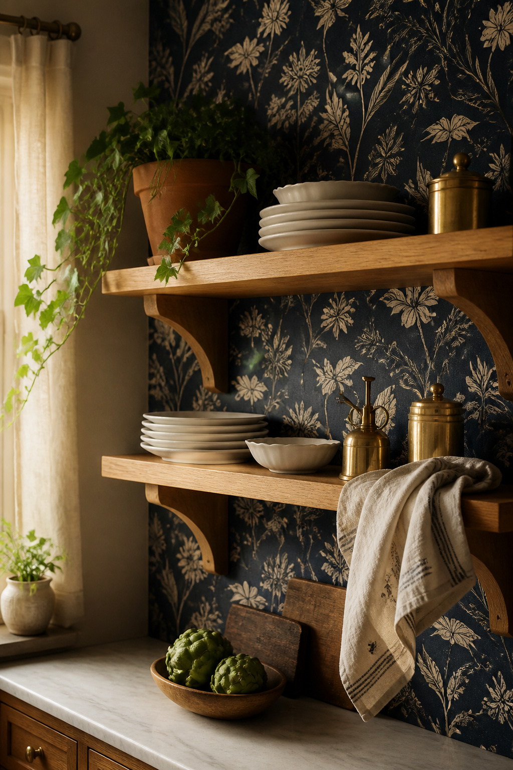 Dark-ground botanical wallpaper behind open shelving transforms a functional kitchen wall into a richly layered display backdrop.