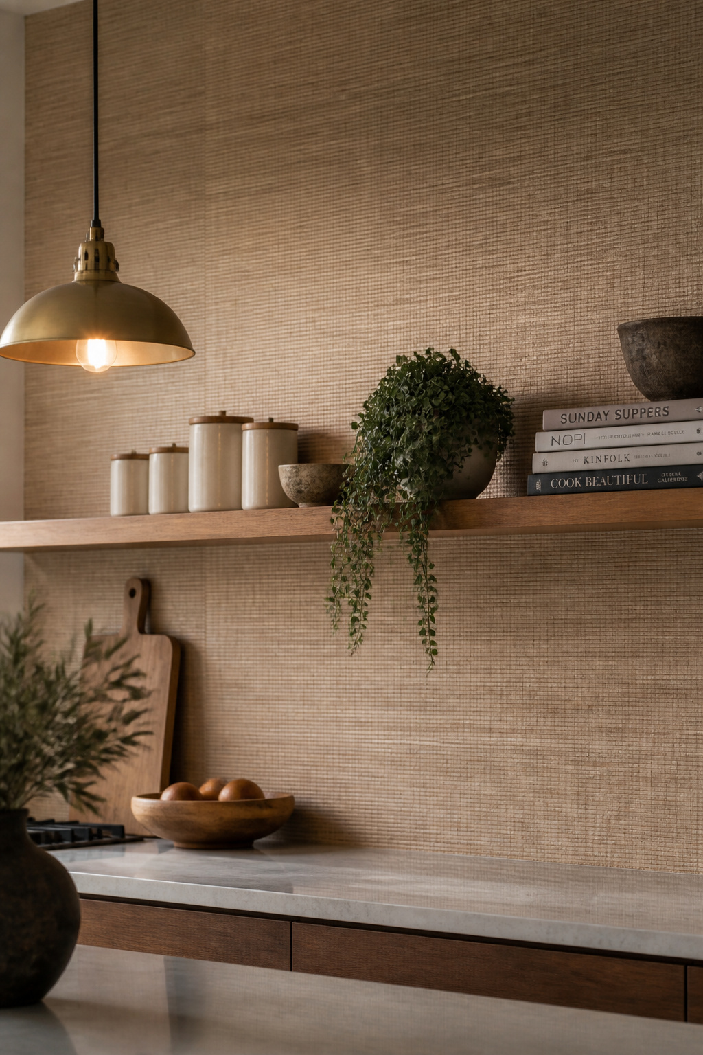 Faux grasscloth wallpaper in warm khaki adds tactile warmth and organic texture to a kitchen without the moisture concerns of natural grasscloth.